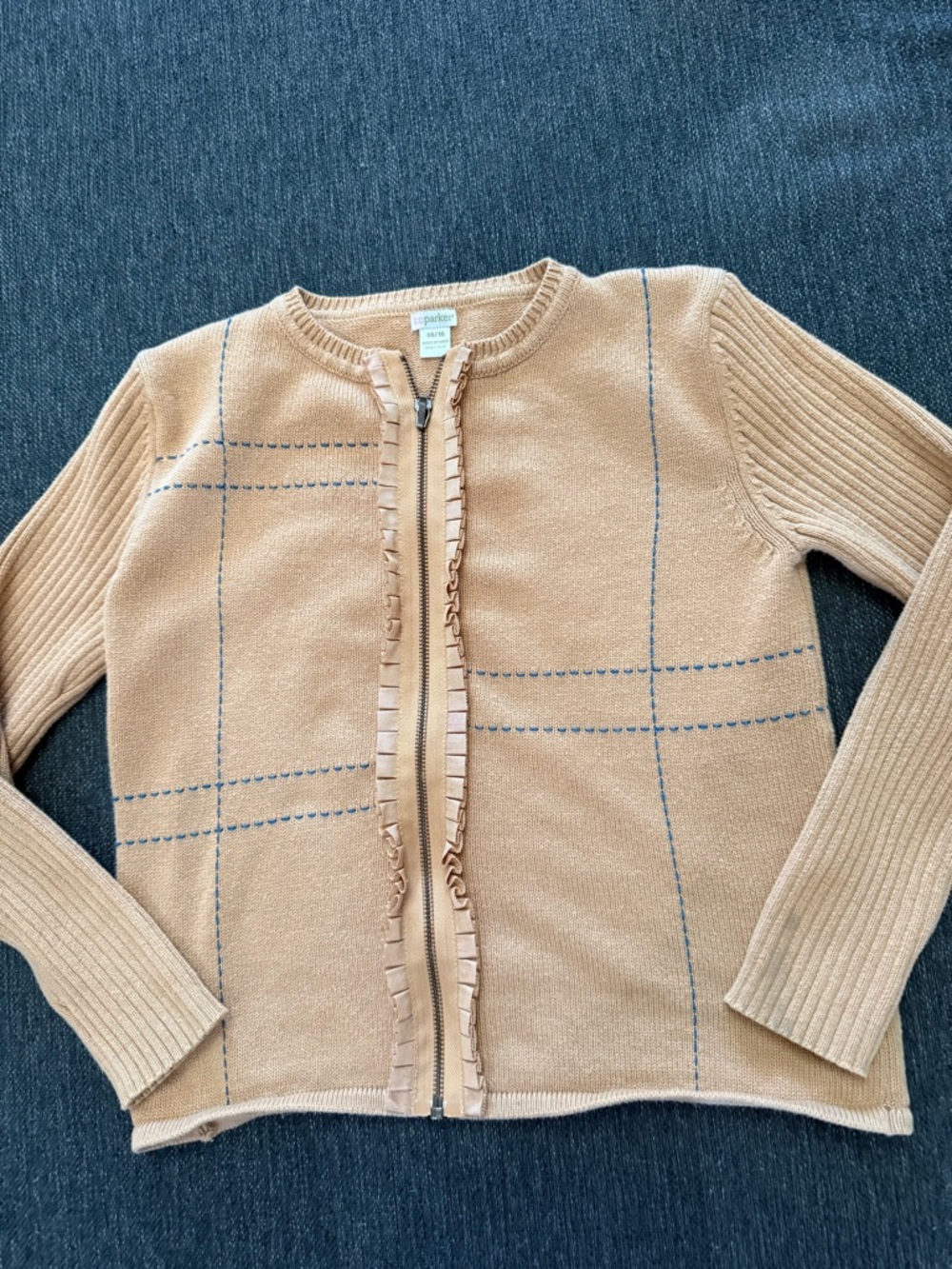 Camel Zip Front Cardigan Blue Stitch Grid KC Parker Girls 10-12 high quality